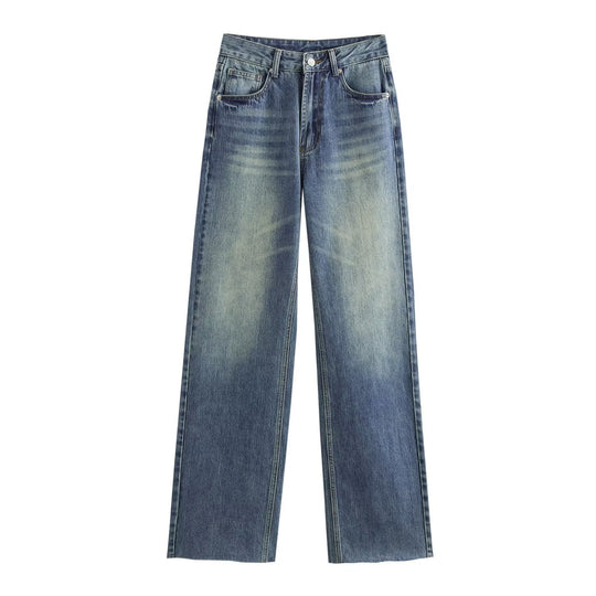 Damen hochtaillierte Wide-Leg-Jeans mit weitem Bein und Vintage-Waschung Nord Taschen