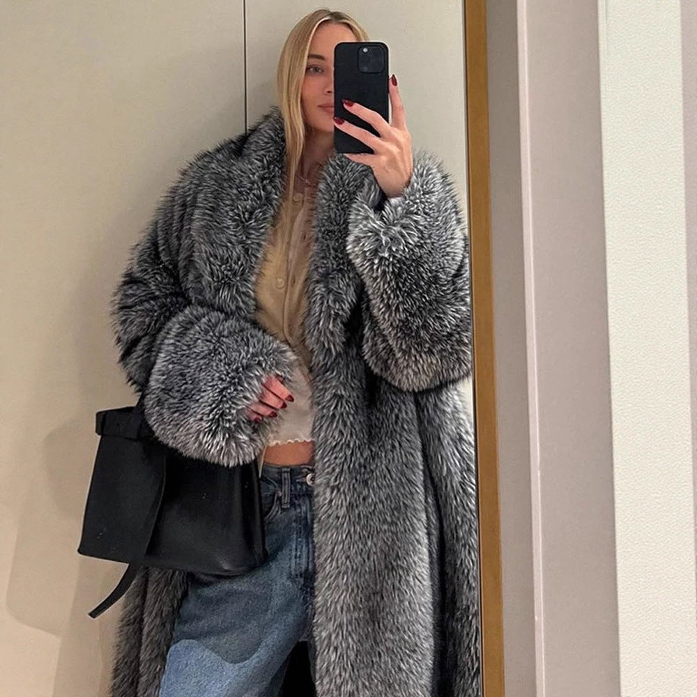 Damen Oversize langer Kunstpelz-Mantel mit voluminösen Ärmeln Nord Taschen