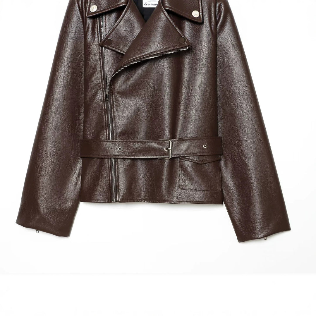 Damen Oversized Bikerjacke aus Kunstleder mit taillierendem Gürtel und asymmetrischem Reißverschluss Nord Taschen