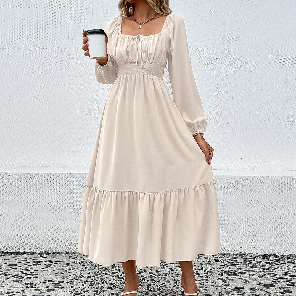 Damen gerafftes Midikleid mit Smok-Taillenbund, eckigem Ausschnitt, langen Puffärmeln und stufigem Volantrock Nord Taschen