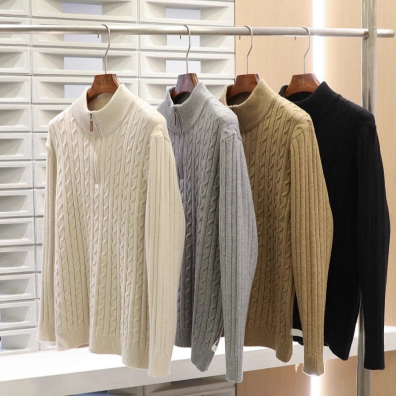 Herren Feinstrick-Pullover mit Zopfmuster und Halbzip-Stehkragen Nord Taschen
