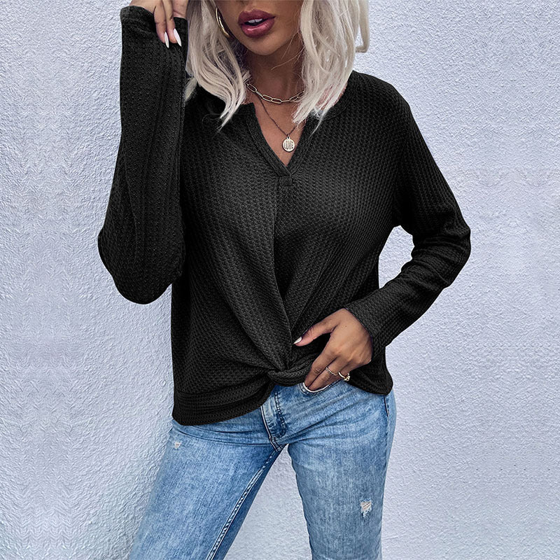 Damen Waffelstrick-Longsleeve mit V‑Ausschnitt und Knotenfront Nord Taschen