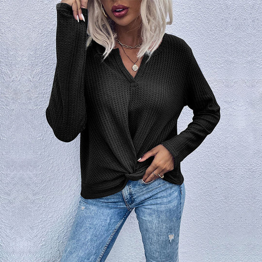 Damen Waffelstrick-Longsleeve mit V‑Ausschnitt und Knotenfront Nord Taschen
