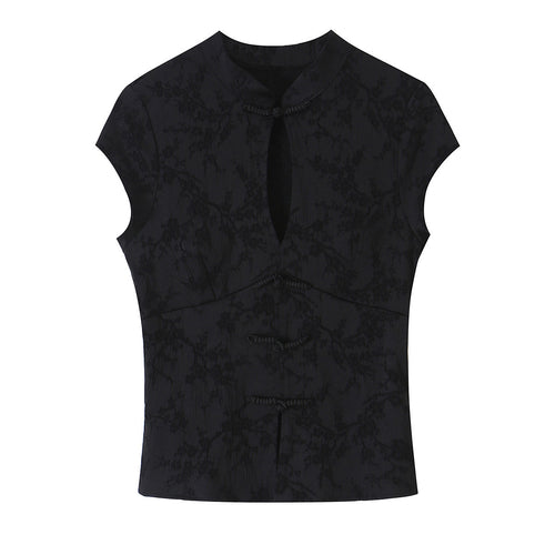 Damen Ärmelloses Cheongsam-inspiriertes Top mit Stehkragen und Zierknopfleiste Nord Taschen