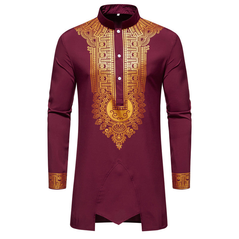 Herren Traditionelles Tunika-Set mit Stehkragen und goldfarbenem Ornamentdruck, Longshirt & Tunnelzughose Nord Taschen