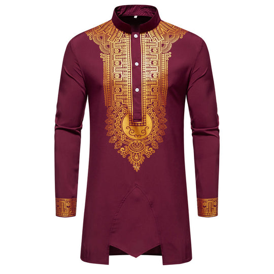 Herren Traditionelles Tunika-Set mit Stehkragen und goldfarbenem Ornamentdruck, Longshirt & Tunnelzughose Nord Taschen
