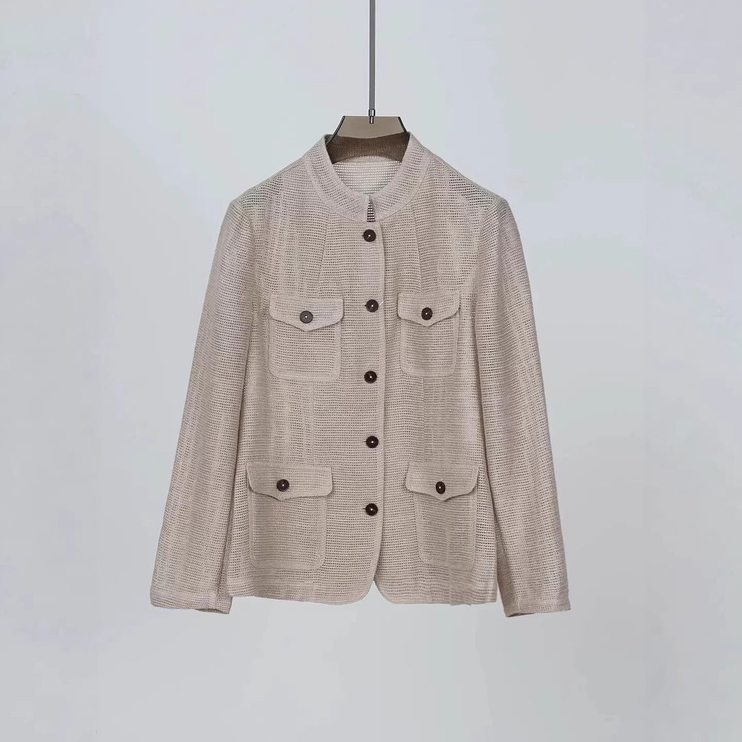 Damen Leichte Häkeloptik-Übergangsjacke mit Rundkragen und Pattentaschen Nord Taschen