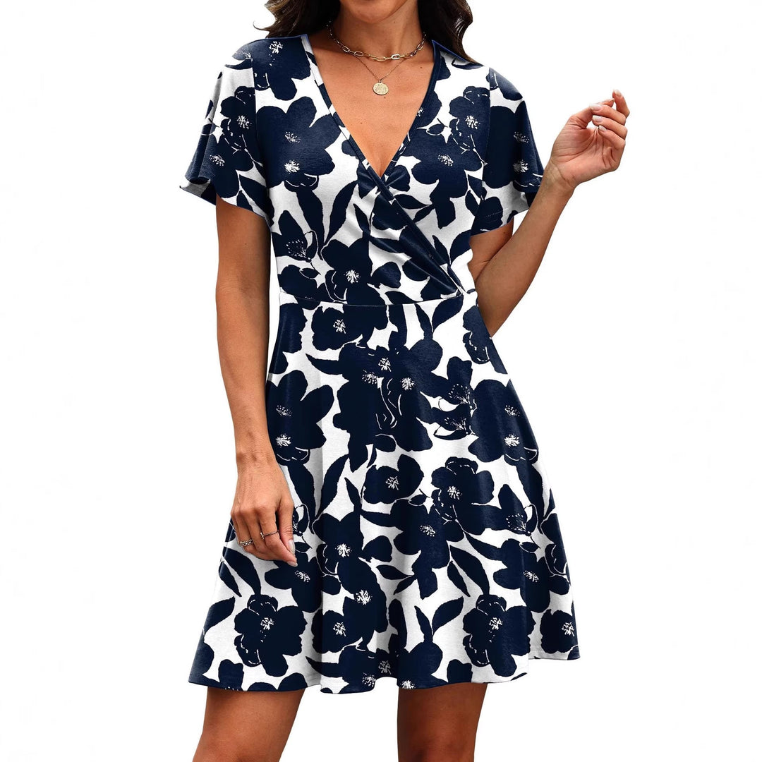 Damen Kurzärmeliges Wickelkleid mit floralen Mustern und V-Ausschnitt