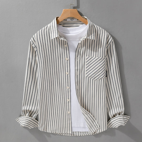 Herren Nadelstreifen-Langarm-Hemdjacke im Overshirt‑Stil aus leichtem Baumwollmix mit diagonaler Brusttasche Nord Taschen