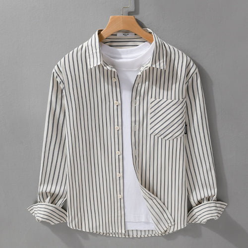 Herren Nadelstreifen-Langarm-Hemdjacke im Overshirt‑Stil aus leichtem Baumwollmix mit diagonaler Brusttasche Nord Taschen