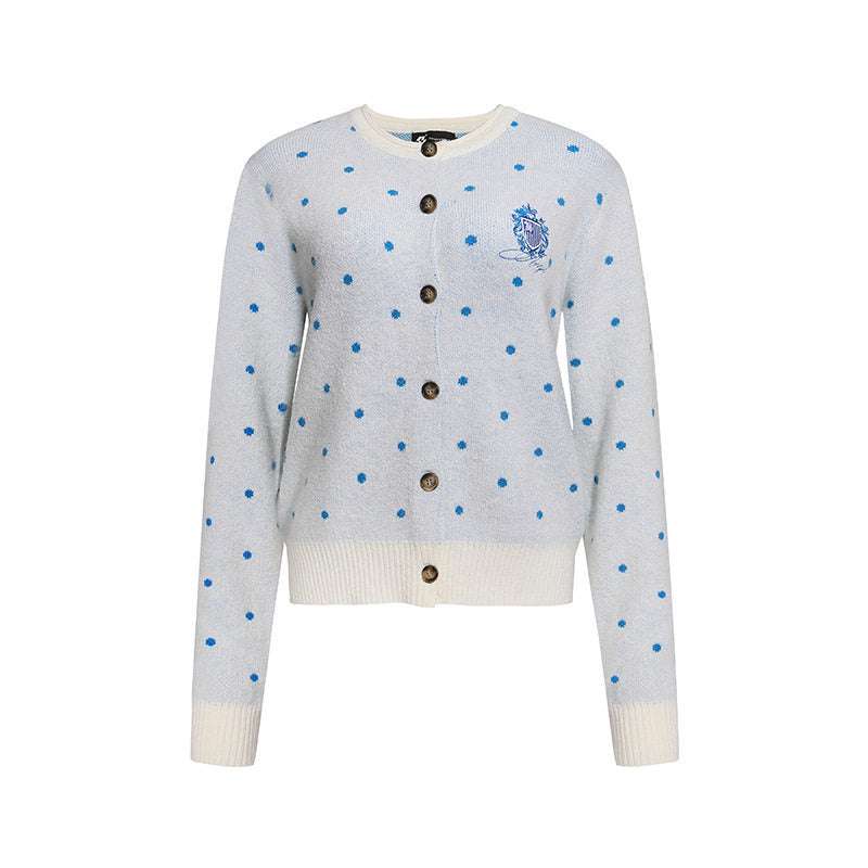 Damen Strick-Cardigan mit Rundhals, Tupfen-Jacquard und Zierwappen Nord Taschen