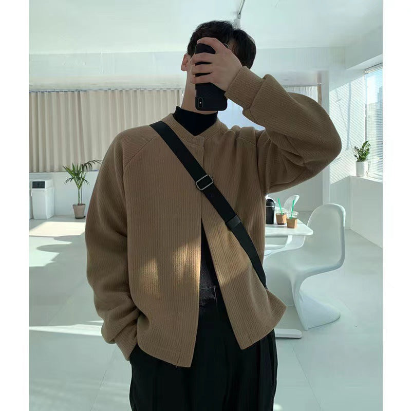Herren Kragenloser Boxy-Rippenstrick-Cardigan mit verdeckter Druckknopfleiste Nord Taschen