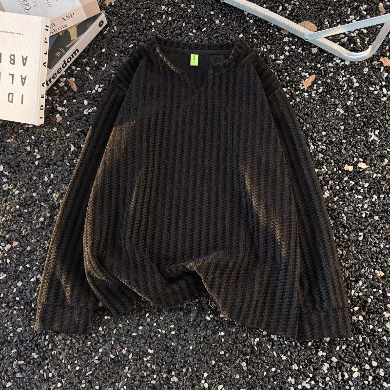 Damen Feinstrick-Pullover mit feiner Waffelstruktur, V-Notch-Ausschnitt und legerer Oversize-Passform Nord Taschen