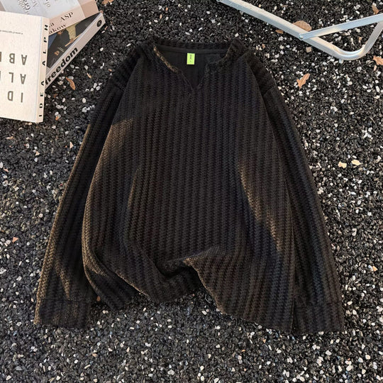 Damen Feinstrick-Pullover mit feiner Waffelstruktur, V-Notch-Ausschnitt und legerer Oversize-Passform Nord Taschen