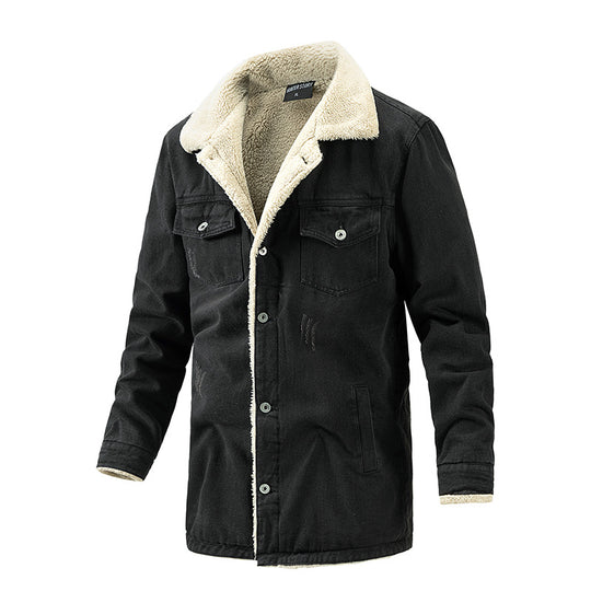 Herren Wattierte Denimjacke mit Sherpa-Futter und verlängertem Outdoor-Schnitt Nord Taschen