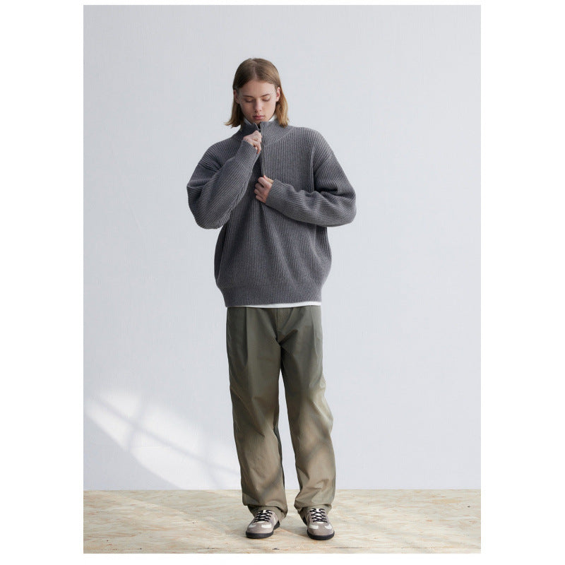 Herren Oversized-Rippenstrick Halbzip-Pullover mit Stehkragen Nord Taschen