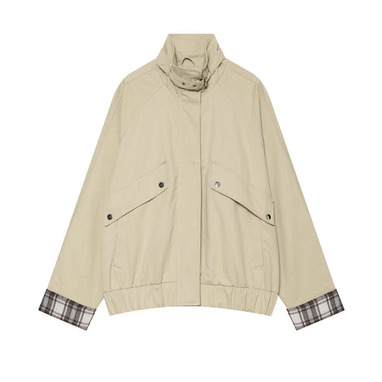 Damen Wasserabweisende Cropped-Utility-Jacke mit hohem Stehkragen und Karodetail an den Ärmelaufschlägen Nord Taschen