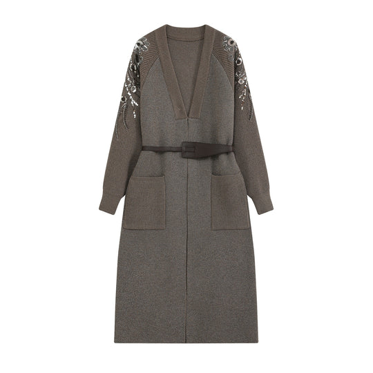Damen Lange Strickjacke mit Gürtel, tiefem V‑Ausschnitt und bestickten Paillettenärmeln Nord Taschen