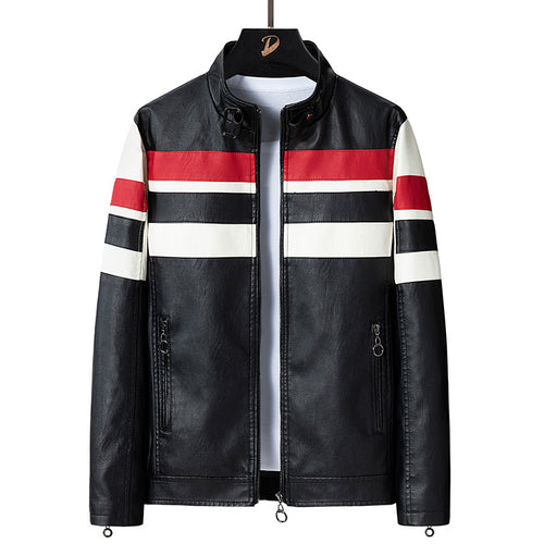 Herren Biker-Lederjacke im Racing-Look mit Kontraststreifen und Stehkragen Nord Taschen
