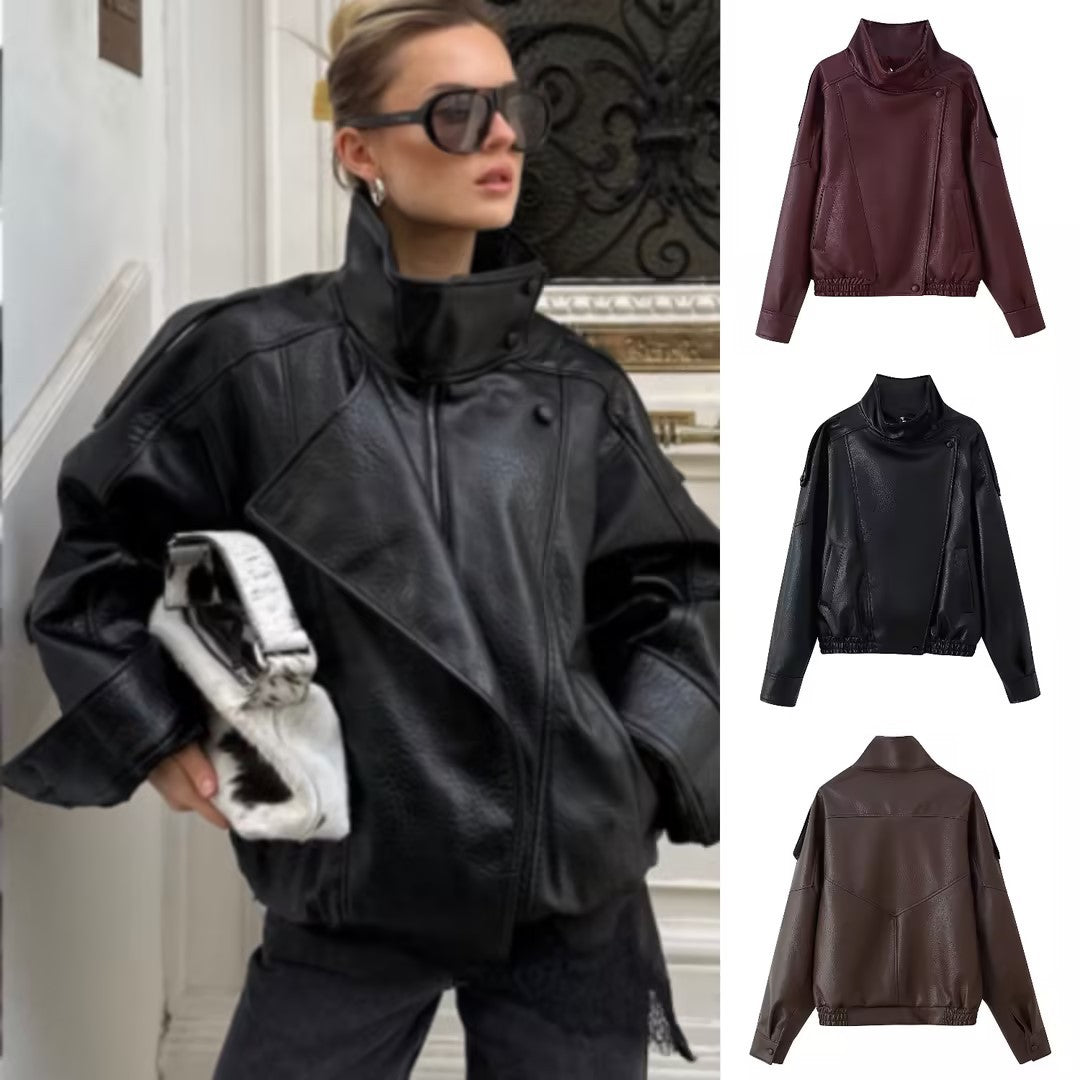 Damen Oversize Kunstlederjacke mit Hemdkragen und elastischem Saum Nord Taschen