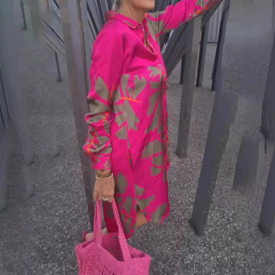 Damen nan kurzes Tunika-Hemdkleid in Satinoptik mit großflächigem Blattprint, Hemdkragen und lockerer A-Linie Nord Taschen