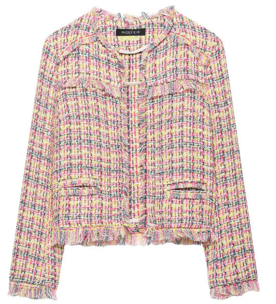 Damen Cropped Bouclé‑Tweed‑Blazer im Chanelstil mit Fransenabschlüssen Nord Taschen