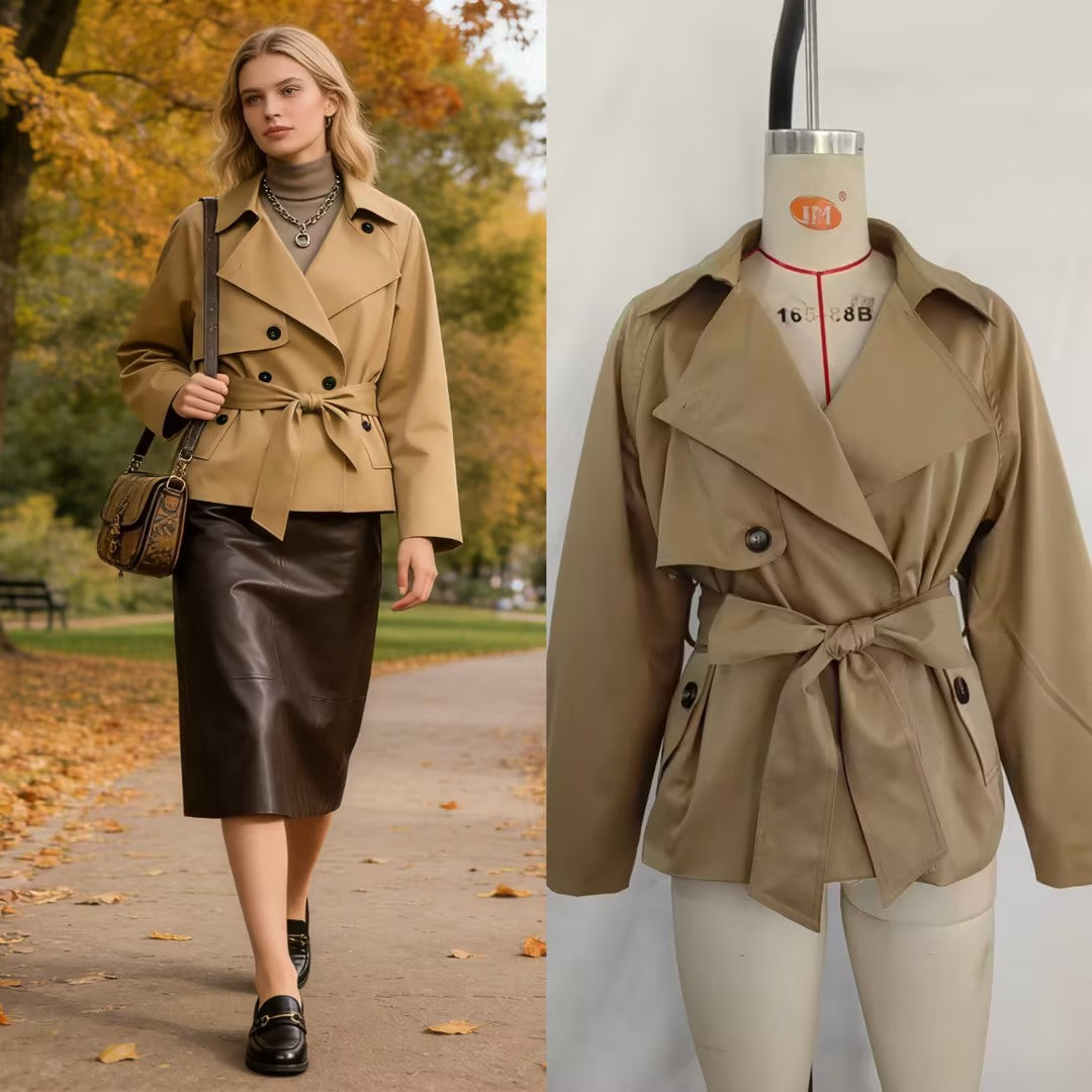 Damen Gekürzte Taillengürtel-Trenchjacke mit breitem Revers und Pattentaschen Nord Taschen