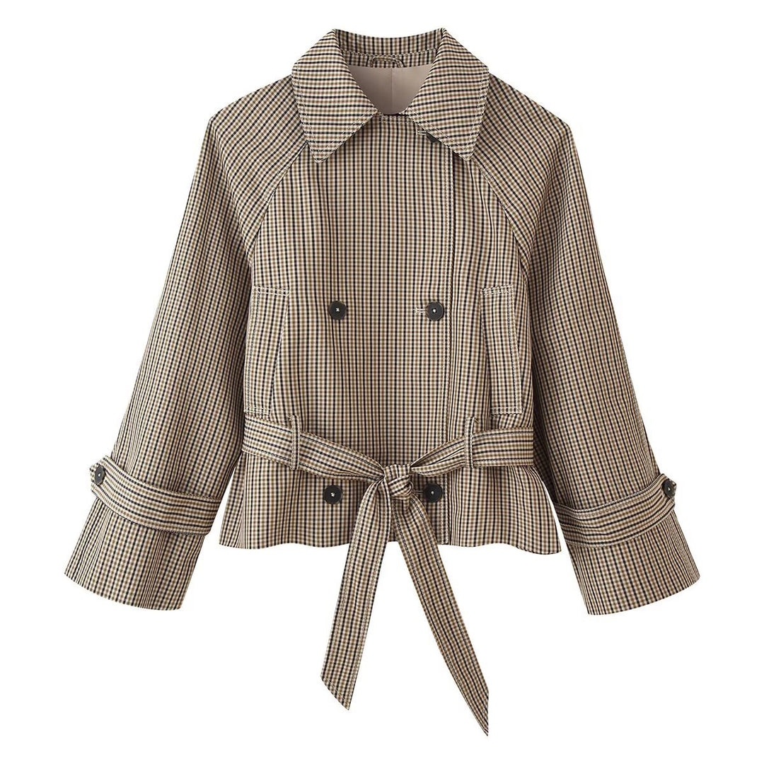 Damen Cropped Doppelreihige Karo‑Trenchjacke mit Taillenbindegürtel und ausgestellten Manschellen Nord Taschen