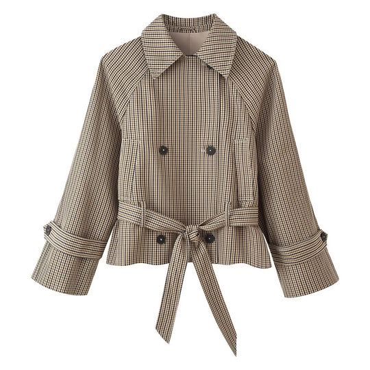 Damen Cropped Doppelreihige Karo‑Trenchjacke mit Taillenbindegürtel und ausgestellten Manschellen Nord Taschen