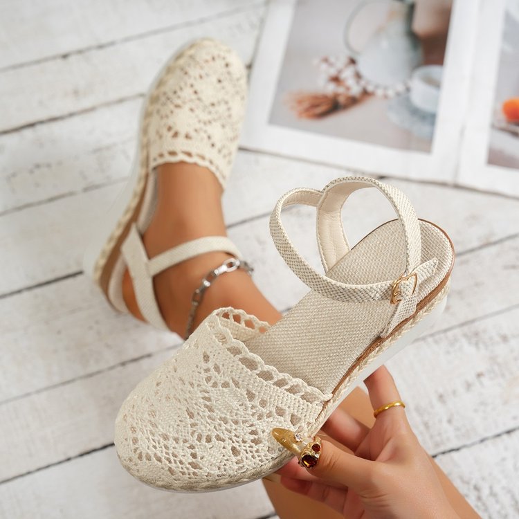Damen  bestickte Espadrille-Pantoletten mit verstellbarem Knöchelriemen, floraler Häkel-Optik und geflochtenem Jute-Plateau Nord Taschen