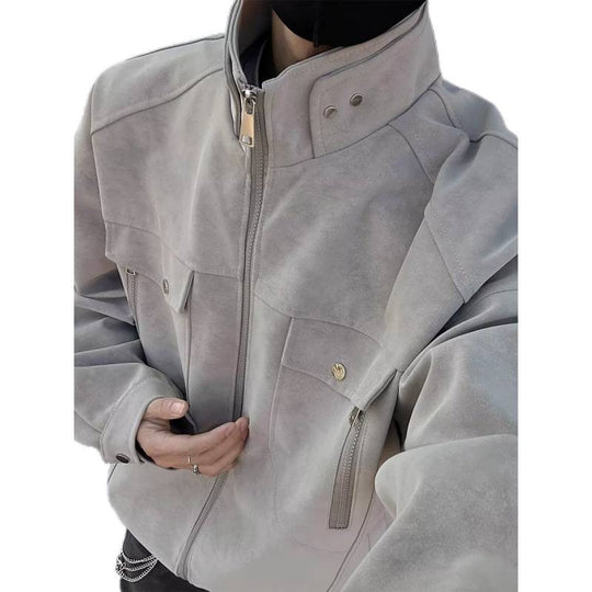 Herren Oversized Wildleder-Optik Utility-Jacke mit hohem Stehkragen Nord Taschen