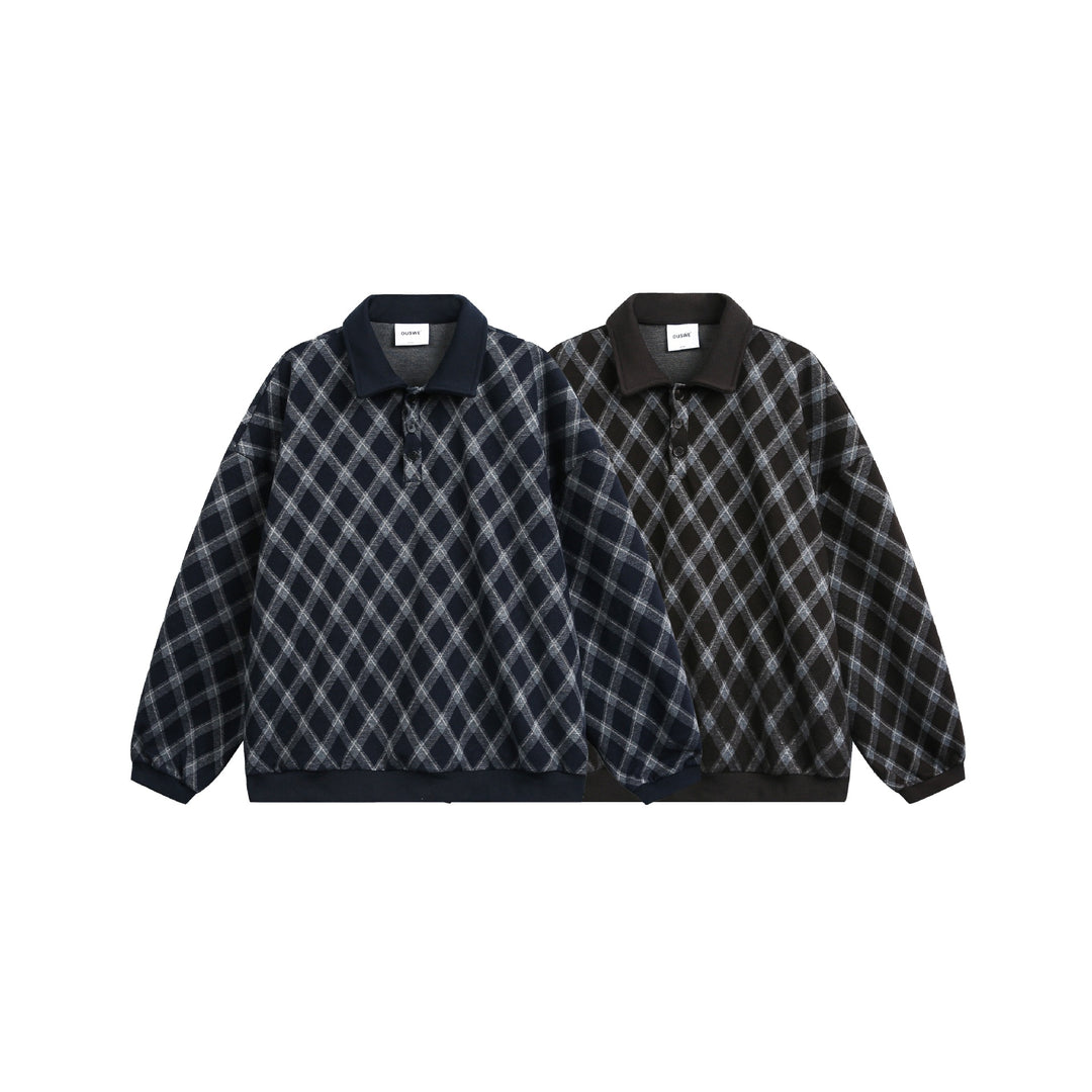 Damen Karierter Oversize‑Polo‑Pullover mit Halbknopfleiste und Rippbündchen Nord Taschen