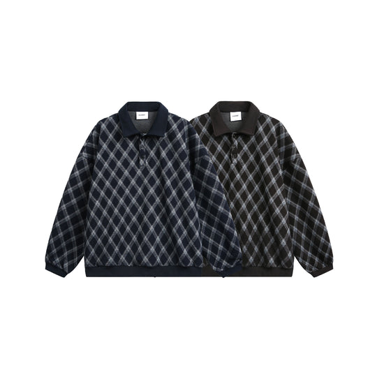 Damen Karierter Oversize‑Polo‑Pullover mit Halbknopfleiste und Rippbündchen Nord Taschen