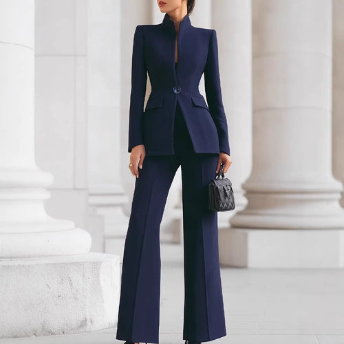 Damen Taillierter Blazer mit Stehkragen und High‑Waist ausgestellte Hose Nord Taschen