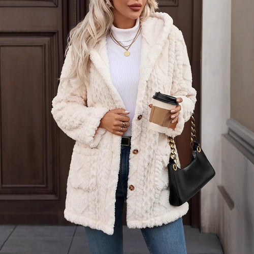 Damen Kuschelige Teddyjacke mit Kapuze, Knopfleiste und aufgesetzten Taschen Nord Taschen