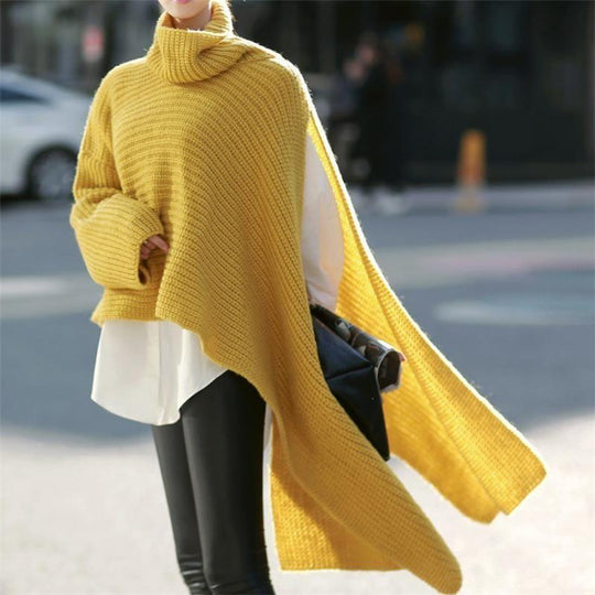 Damen Asymmetrischer Rollkragen-Poncho mit seitlichem Cape-Detail Nord Taschen