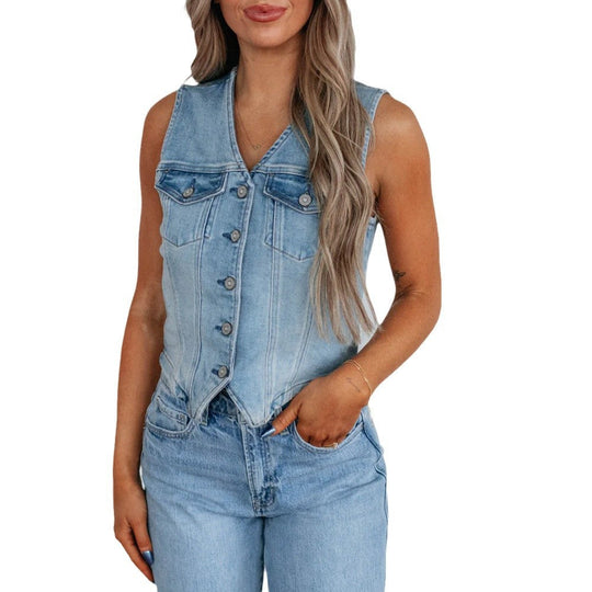 Damen Denim Weste mit Knopfleiste und modernen Schnittrahmen