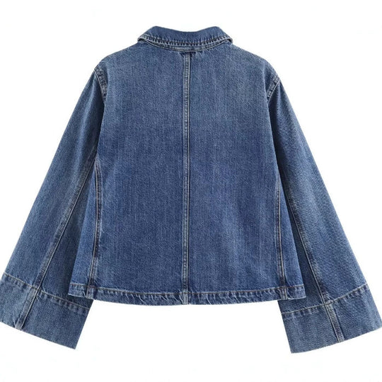 Damen Kurzer Boxy-Jeansblouson mit oversized Manschetten und aufgesetzten Taschen Nord Taschen