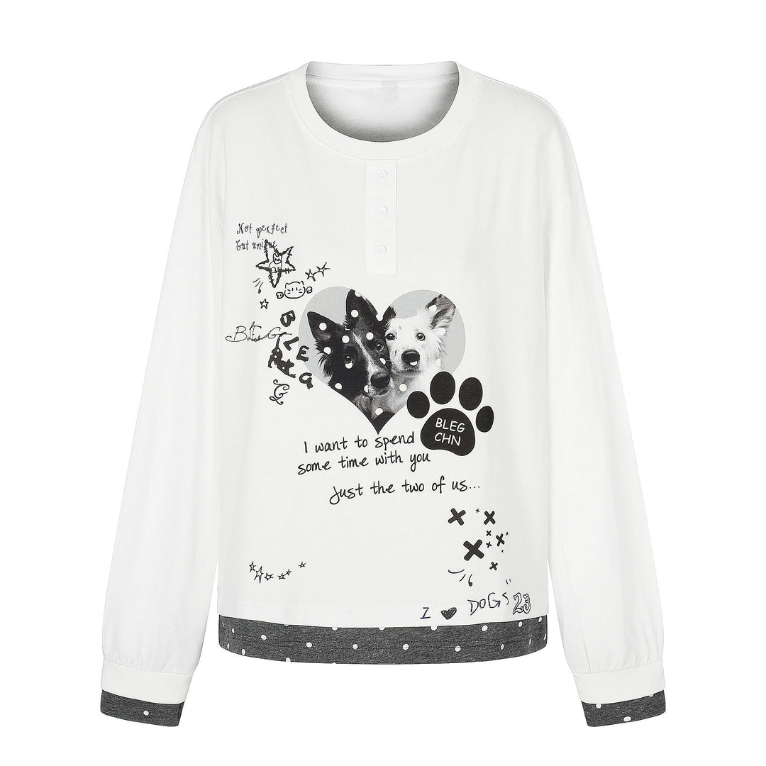 Damen Langarm-Pyjama-Top mit halbnaher Knopfleiste, Herz-Hundeprint und kontrastiertem Bündchen Nord Taschen