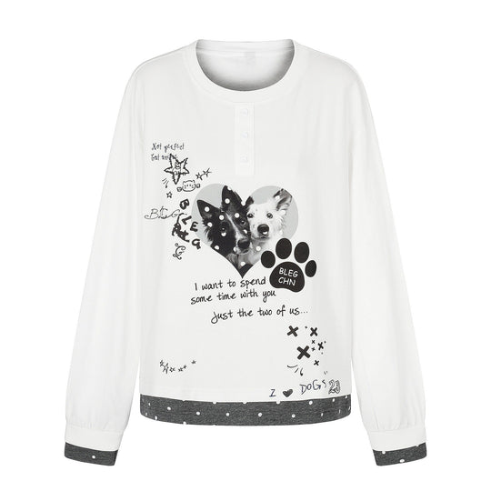 Damen Langarm-Pyjama-Top mit halbnaher Knopfleiste, Herz-Hundeprint und kontrastiertem Bündchen Nord Taschen