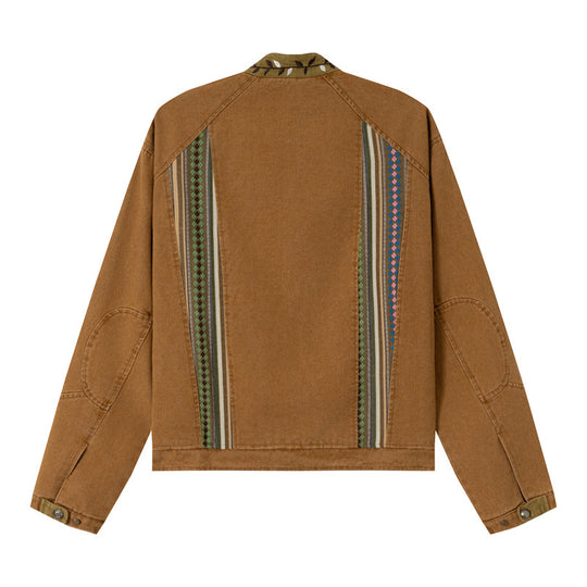 Damen Kurzer Canvas-Blouson mit gewebter Ethno‑Streifenfront und Pattentaschen Nord Taschen