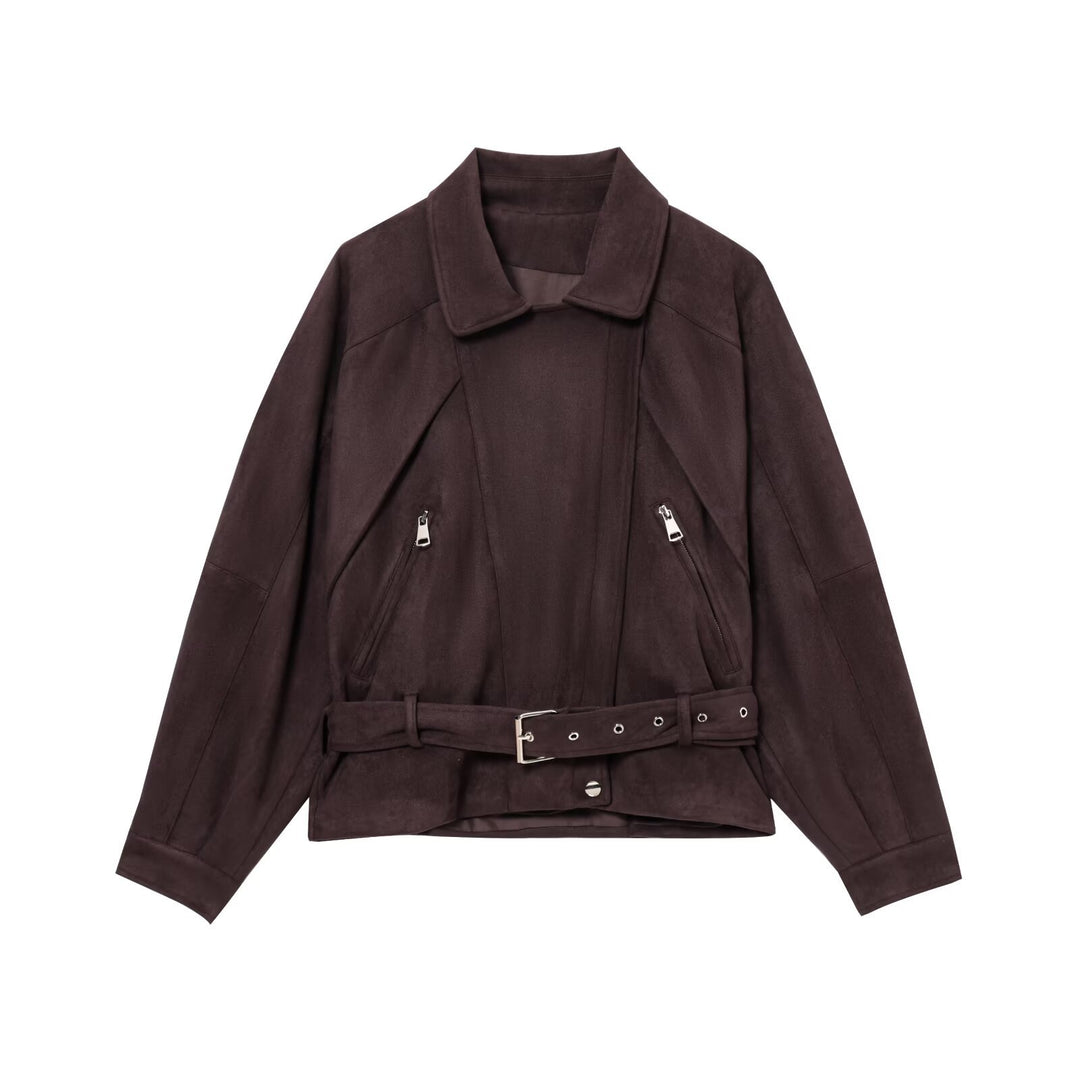 Damen Kurzjacke aus Veloursimitat mit Taillengürtel, kastigem Schnitt und Reißverschlusstaschen Nord Taschen