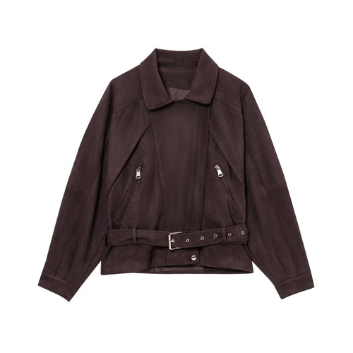 Damen Kurzjacke aus Veloursimitat mit Taillengürtel, kastigem Schnitt und Reißverschlusstaschen Nord Taschen