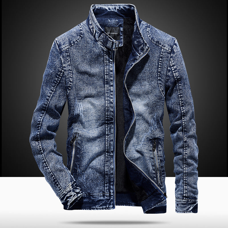 Herren vintagegewaschener Denimblouson mit Stehkragen und verdecktem Reißverschluss Nord Taschen