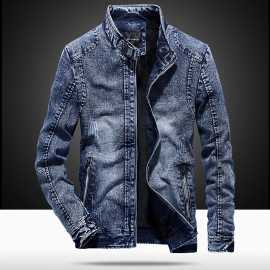 Herren vintagegewaschener Denimblouson mit Stehkragen und verdecktem Reißverschluss Nord Taschen
