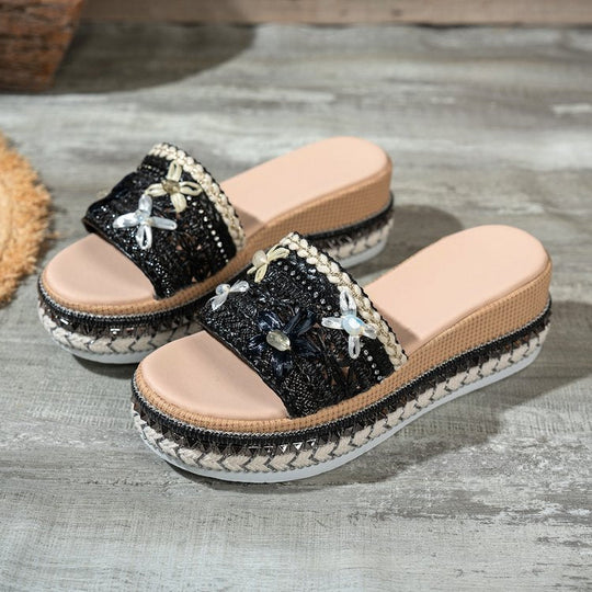Damen Riemensandalen mit modischer Schmuckverzierung und Plateau-Rand