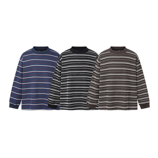 Unisex Locker geschnittener Strukturstrick-Pullover mit Rundhals und maritimen Streifen Nord Taschen