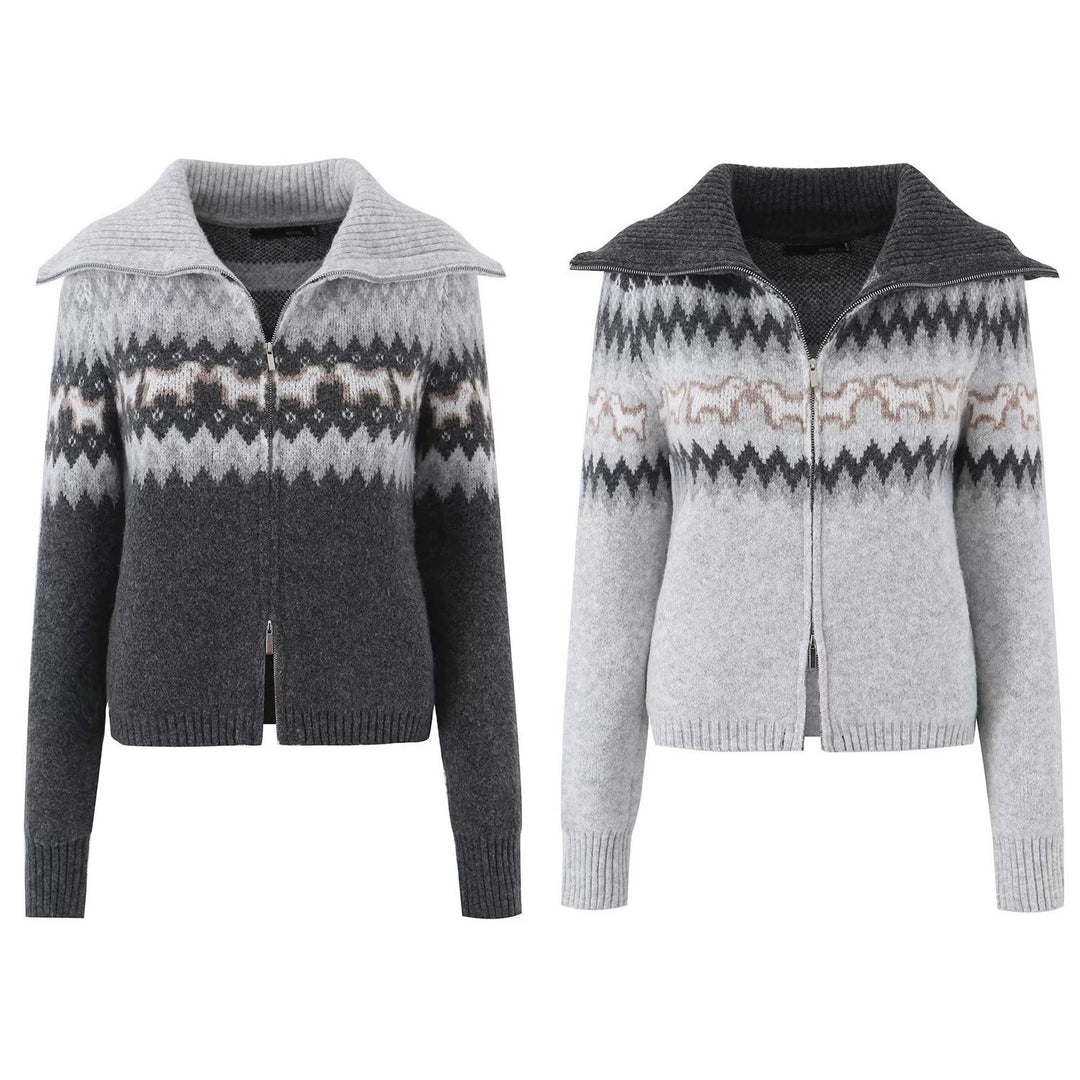 Damen Gestrickte Zip-Cardigan mit Norwegermuster und extra breitem Umlegekragen Nord Taschen
