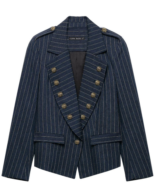 Damen Doppelreihiger Nadelstreifen‑Blazer im Military‑Look mit Zierknöpfen und Schulterklappen Nord Taschen