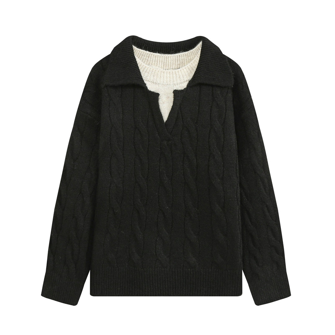 Damen Grobgestrickter Zopfmuster-Pullover mit offenem Polokragen und V‑Ausschnitt Nord Taschen